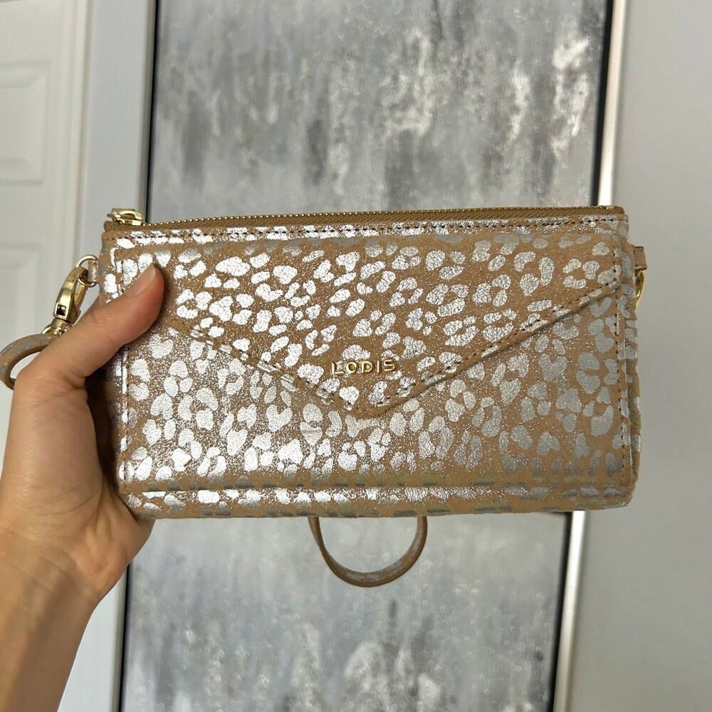 Lodis Wristlet / Crossbody Leather Access. Bag Purse Silver & Tan Animal print - Picture 10 of 10